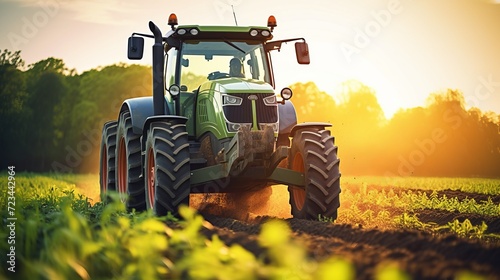 A powerful agricultural tractor plowing a vast and fertile field under a sunny sky