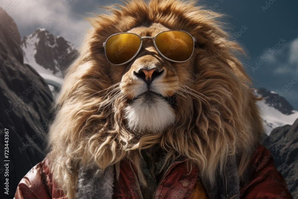 Obraz premium a lion dressed as a climber who conquers mountain