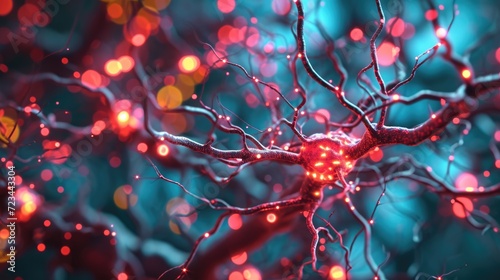 Neural networks weave through the brain, resembling a complex web of connections. The visual encapsulates the intricate dance of signals and processes within the neural landscape.