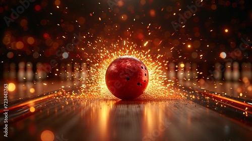Bowling ball striking pins in competitive tournament on alley line sport photography