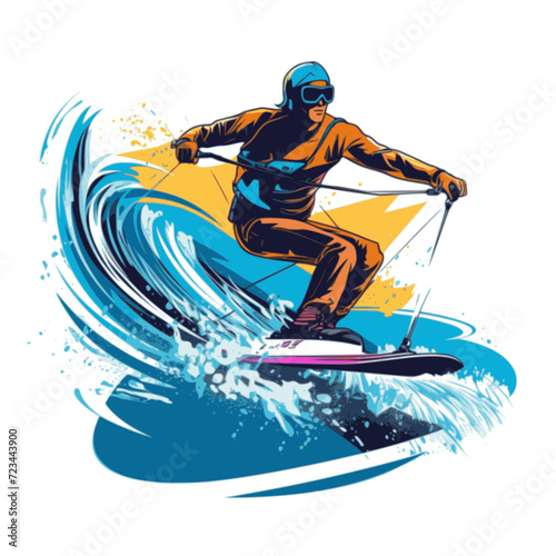 Water Skiing. In the style of a flat minimalist colors SVG vector