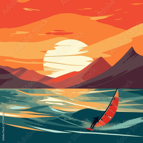 Wind Surfing. In the style of a flat minimalist colors SVG vector