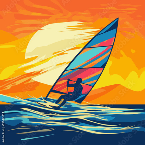 Wind Surfing. In the style of a flat minimalist colors SVG vector