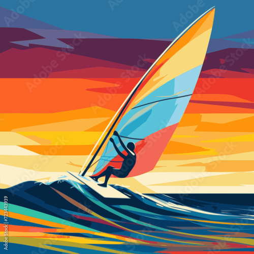 Wind Surfing. In the style of a flat minimalist colors SVG vector
