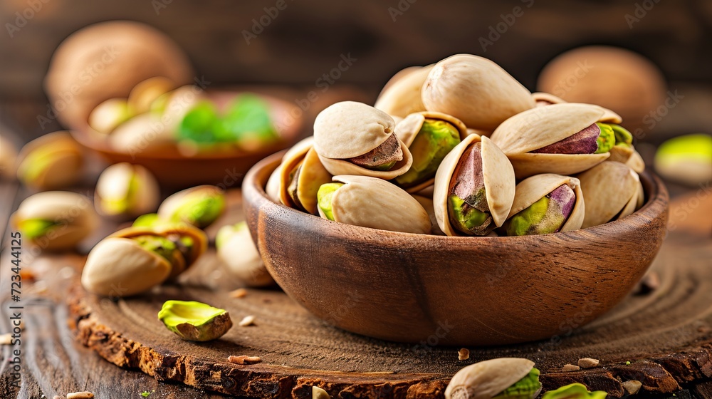 Pistachio nuts in bowl on wooden table   healthy snack and nutritious food option