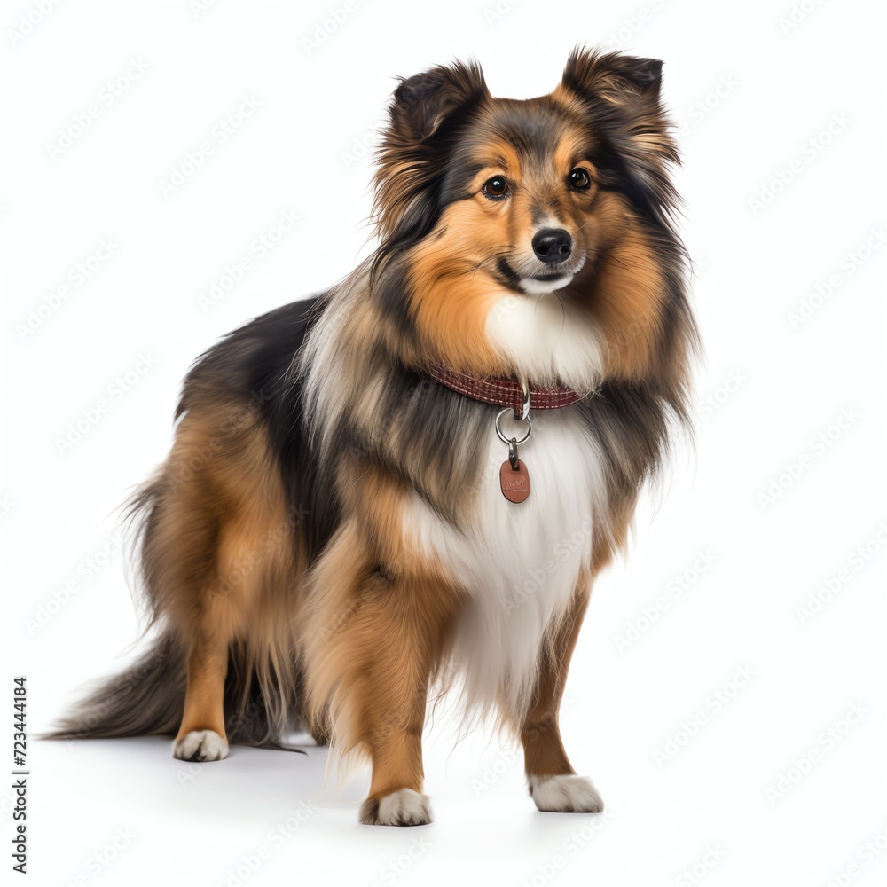 a shetland dog standing with a nail collar, studio light , isolated on white background