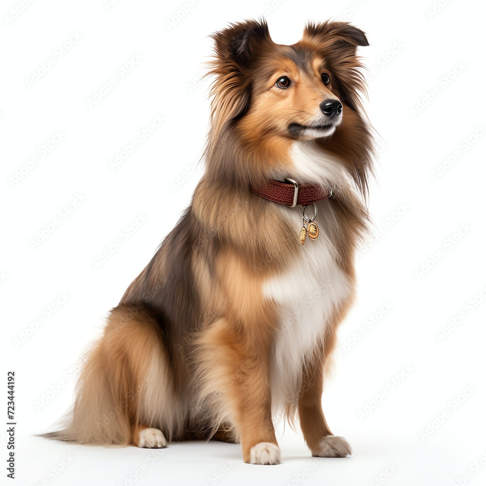 a shetland dog standing with a nail collar, studio light , isolated on white background