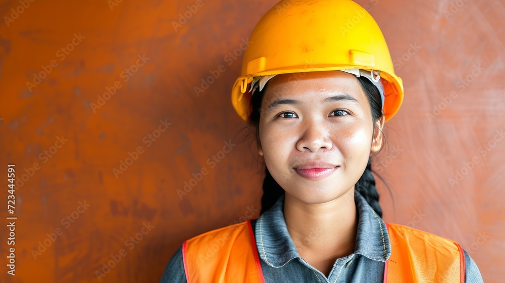 Smiling female builder worker in uniform and safety helmet, labor day concept with copy space. Smiling female builder worker in uniform and safety helmet, labor day concept with copy space.