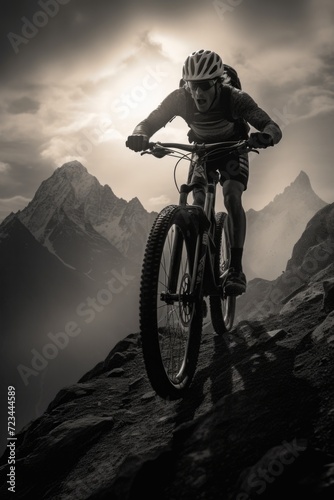 A man riding a mountain bike on a rocky mountain. Generative AI.