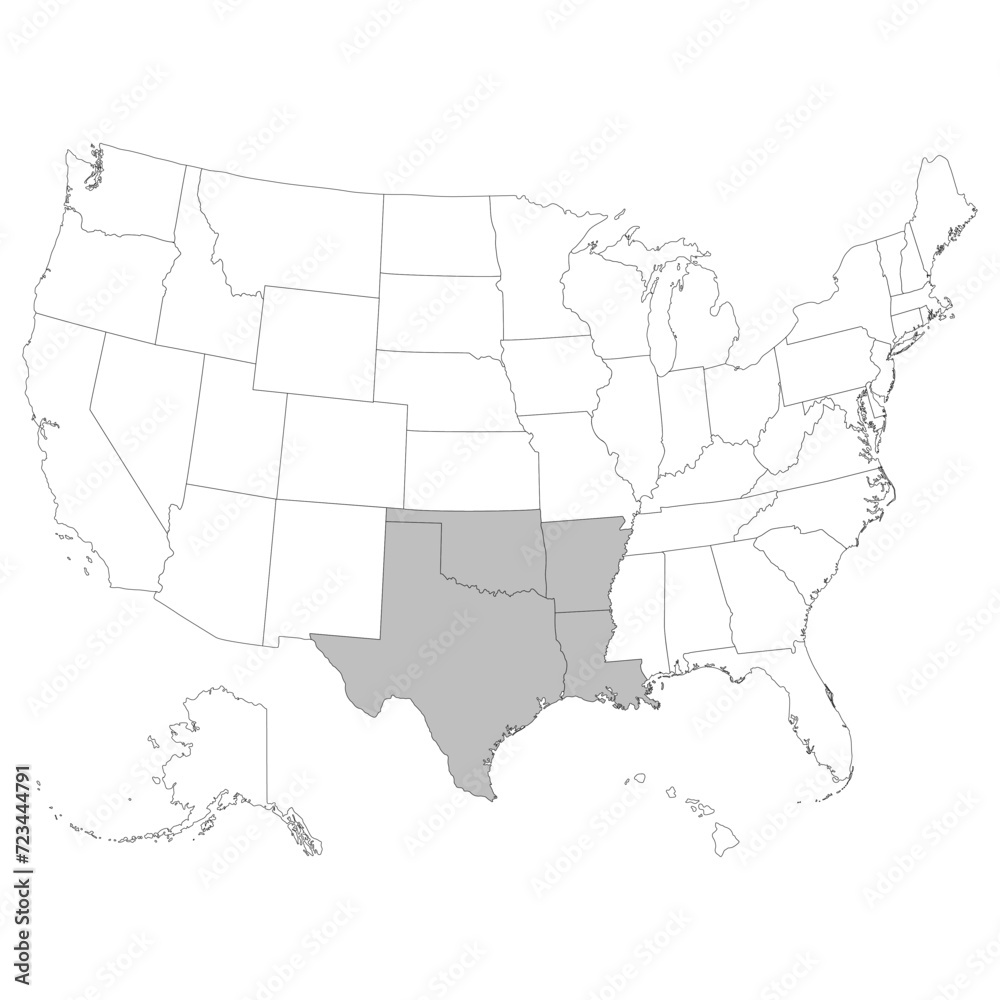 USA states West South Central  regions map.