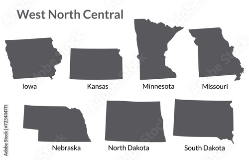 USA states West North Central regions map.