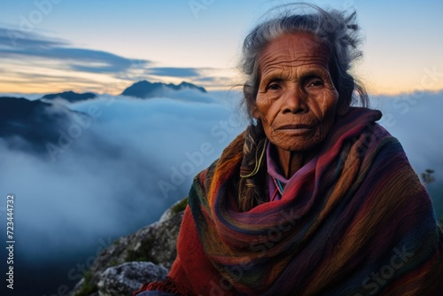An elderly woman sits on top of a mountain with clouds in the background. Generative AI.