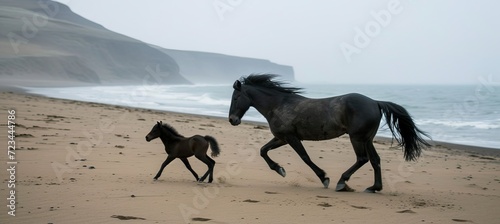 Mare and foal running free on sandy beach at sunrise, symbolizing freedom and power