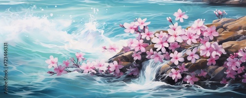 tidal waves over rocks and plumeria flowers