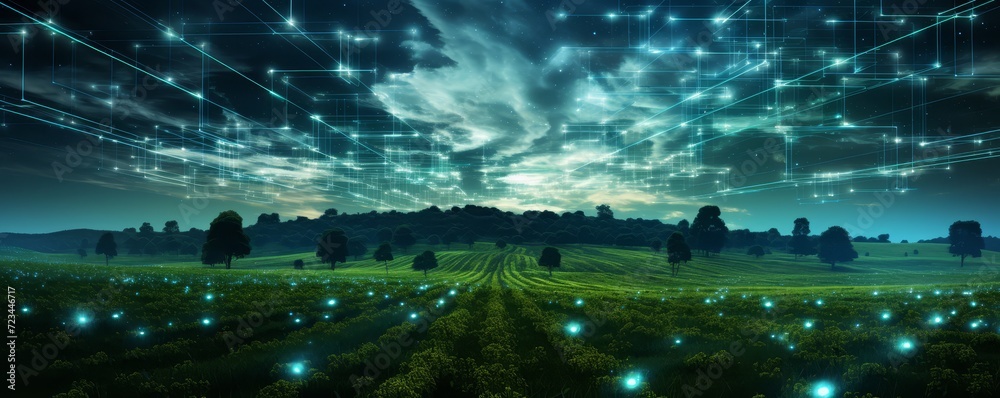 Modern farm field covered in vines and lines of data at night