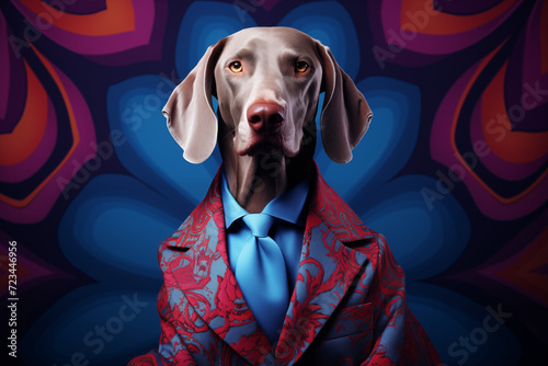 Weimaraner Dog in Elegant Red Suit with Abstract Background