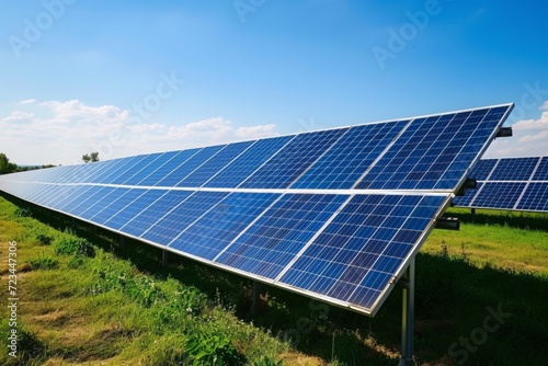 Solar Panels in Green Field Under Blue Sky