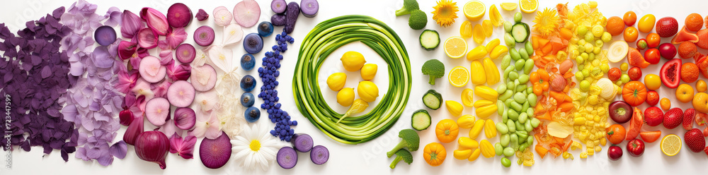 Top view of multicolor raw vegetables and fruits assortment arranged in circular and swirl shapes. Colorful rainbow healthy fresh vegetarian food ingredients banner on white background. Top view of multicolor raw vegetables and fruits assortment arranged in circular and swirl shapes. Colorful rainbow healthy fresh vegetarian food ingredients banner on white background.