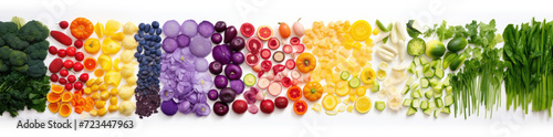 Top view of raw vegetables and fruits assortment. Colorful vegetarian food banner on white background. Generative AI. 