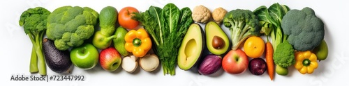 Top view of raw vegetables and fruits assortment. Colorful vegetarian food banner on white background. Generative AI.