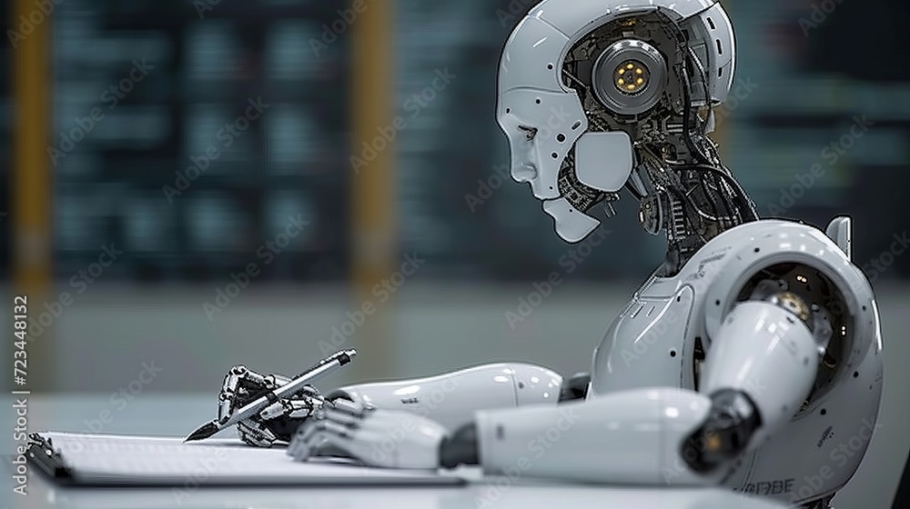 Fototapeta premium Futuristic ai robot writing with pen, replacing human assistant, homework helper chatbot