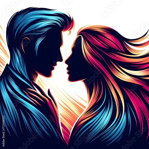 Silhouette of a loving couple on a colorful floral background. Love, Heart and Flame, Clipart, Wall Art, Heart Shaped, Digital Download, Lovers Silhouettes, Home Decor, Fire Magic, Valentine's Day. 