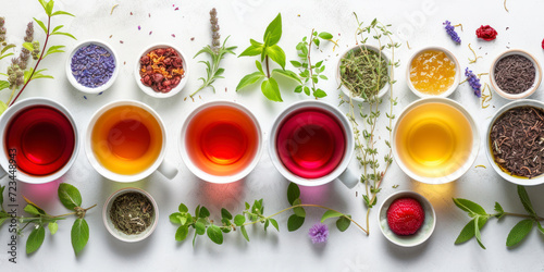 Herbal tea assortment  a calming health background showcasing a variety of herbal teas in beautifully arranged cups  creating a cozy and tea-inspired scene.