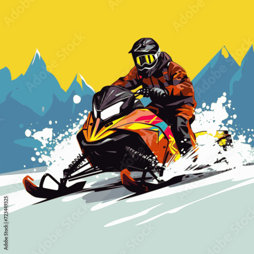 Snowmobiling. In the style of a flat minimalist colors SVG vector photo