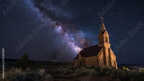 Celestial Symphony: A Church Bathed in Starlight, Under the Milky Way's Majestic Tapestry