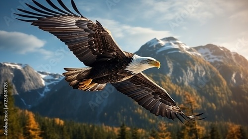 Photo shot of American bald eagle spreading wings in flight over forest