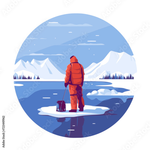 Ice Fishing. In the style of a flat minimalist colors SVG vector
