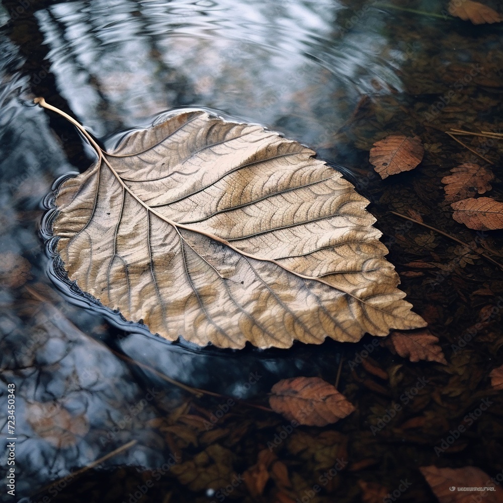 close-up of a single dried leaf creating water ripples on a lake close-up of a single dried leaf creating water ripples on a lake