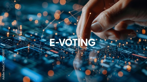 Secure e voting concept  hand pressing  e voting  text with holograms on dark blue background photo
