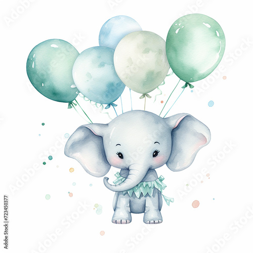 Light blue cute little elephant floating in the air with balloons. Baby Boy Newborn or baptism invitation. children's book illustration style on white background © Studio One