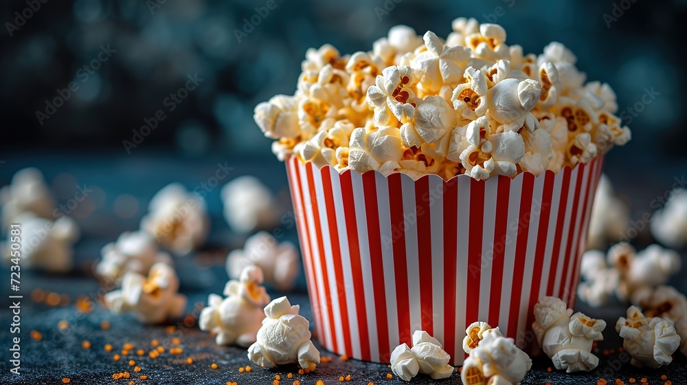 Striped box with popcorn on blue background. With copy space. Striped box with popcorn on blue background. With copy space.