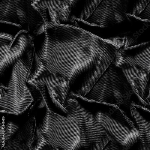 Seamless texture photo of black colored wrinkled silk or satin drapery material.