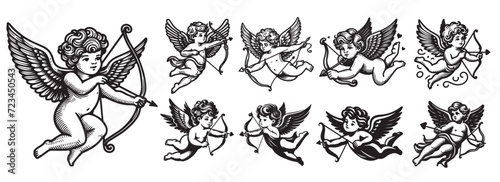 Cupids, children's angels shooting love hearts, decorative black and white vector graphics