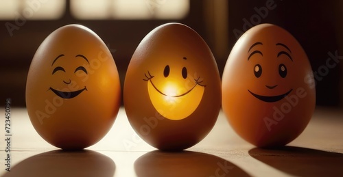 Painted Easter eggs in different moods and facial expressions, such as kissing, smiling or falling in love, on a wooden table in the sunlight