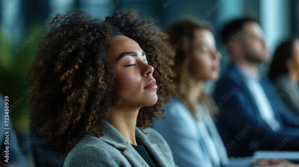 A group of coworkers in a boardroom their eyes closed and their minds focused as they participate in a guided meditation session during a busy work day. A group of coworkers in a boardroom their eyes closed and their minds focused as they participate in a guided meditation session during a busy work day.