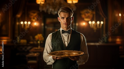 A waiter holding a tray of food in a restaurant, ready to serve the customers with delicious dishes.  © abdou