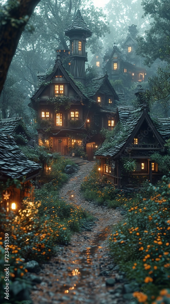 Whispers of Lumina: A Fantasy Village Illuminated by Dreams of Golden Twilight