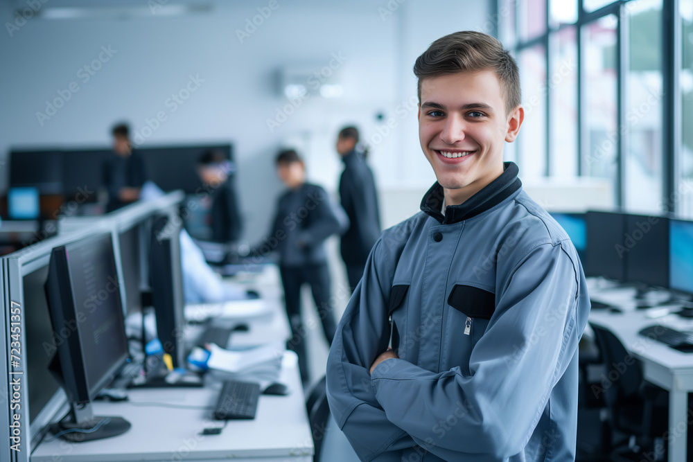 Upbeat Young Male Student in Tech Classroom, Ambitious and Ready Upbeat Young Male Student in Tech Classroom, Ambitious and Ready