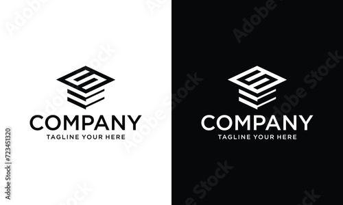 initial letter s for education school logo element with cap symbol icon.on a black and white background.