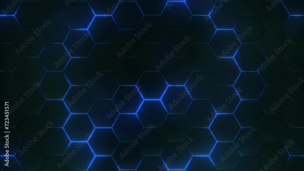 Futuristic hexagons honeycomb cyberspace surface, 4k Abstract Trendy Technology Background with glowing blue neon lights moving waves, looping animation 

