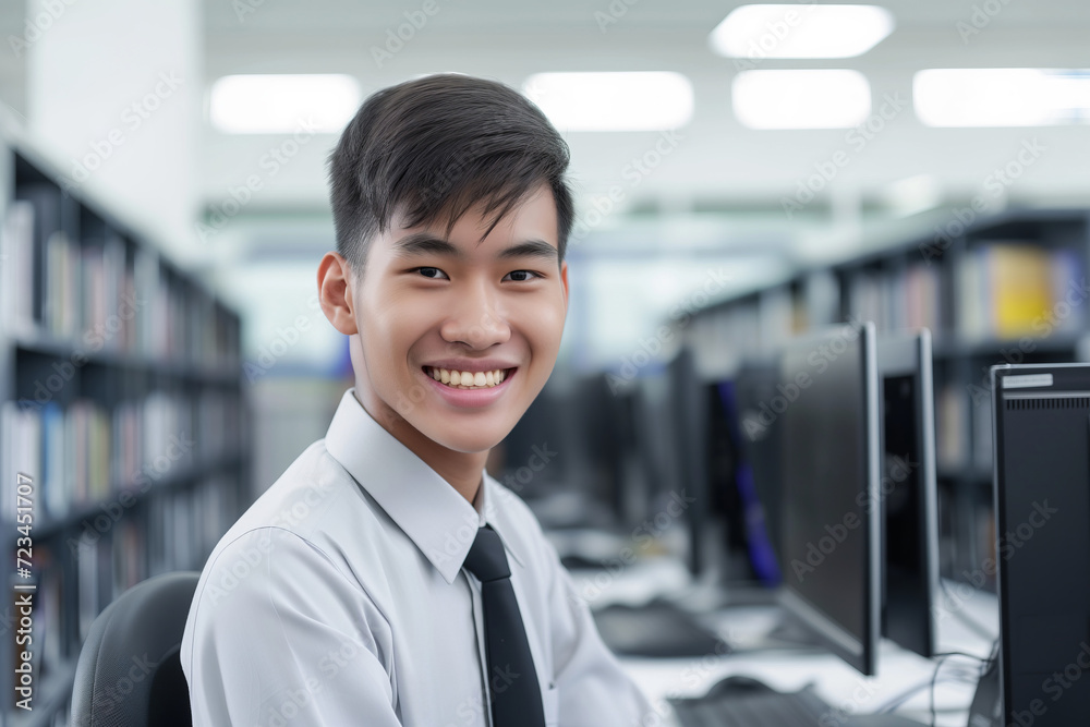 Upbeat Young Asian Student, Embracing Technology and Learning in Library