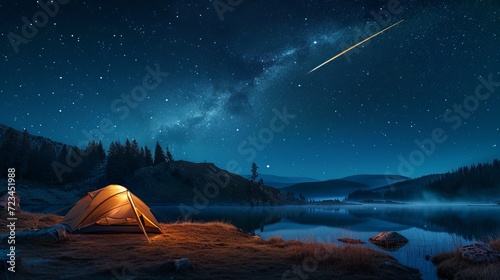 Tranquil Night: An Oasis Under the Starry Sky, Witnessing a Shooting Star, and the Peaceful Lake Symphony