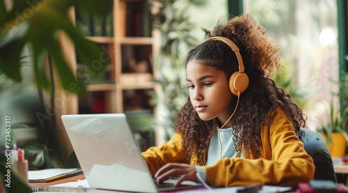 Happy schoolgirl doing homework at home. During pandemic or travel children continue learning process. Mixed-race KId receive assignments from teachers via laptop and headphones photo