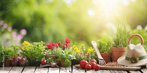 Garden Vegetables in Sunlight with Gardening Tools and Plants