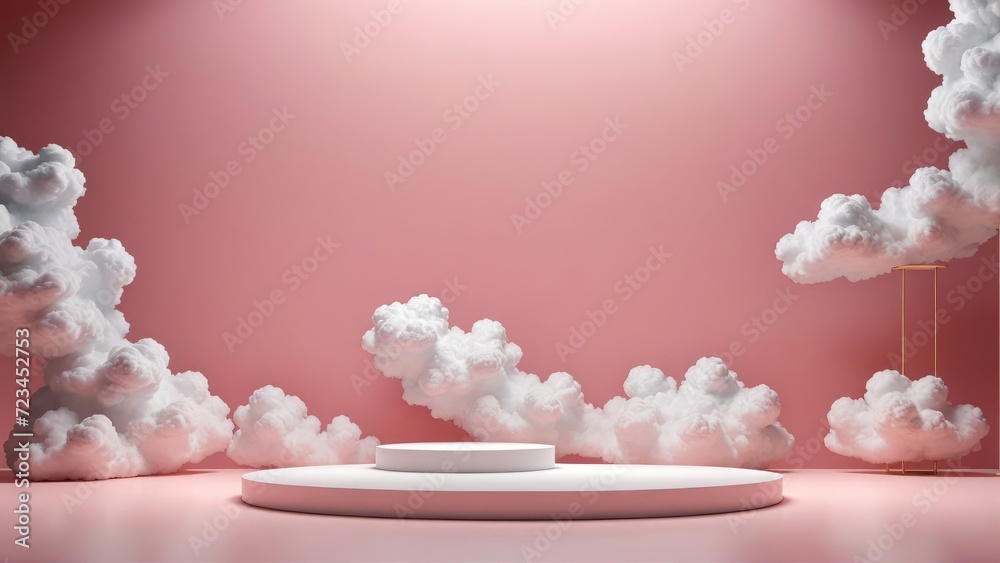 Clouds in soft red tones encircle a podium, set against a pink backdrop in a 3D render, embodying beauty with a powdery aesthetic Clouds in soft red tones encircle a podium, set against a pink backdrop in a 3D render, embodying beauty with a powdery aesthetic