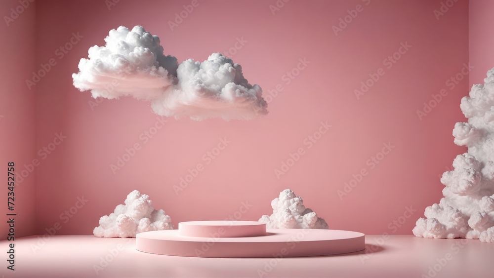 Clouds in soft red tones encircle a podium, set against a pink backdrop in a 3D render, embodying beauty with a powdery aesthetic Clouds in soft red tones encircle a podium, set against a pink backdrop in a 3D render, embodying beauty with a powdery aesthetic